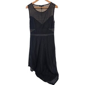 BCBGMAXAZRIA Black Sheer Striped Asymmetrical Midi Dress Size Large
